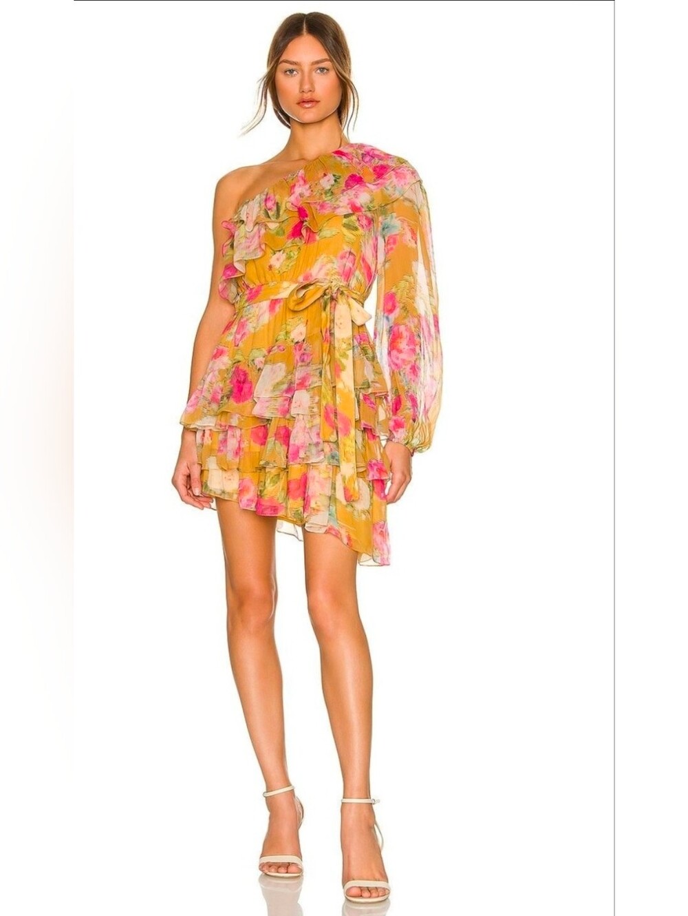 Rococo Sand Revolve One-Shoulder Avar Belted In Ochre Floral Ruffle  Dress